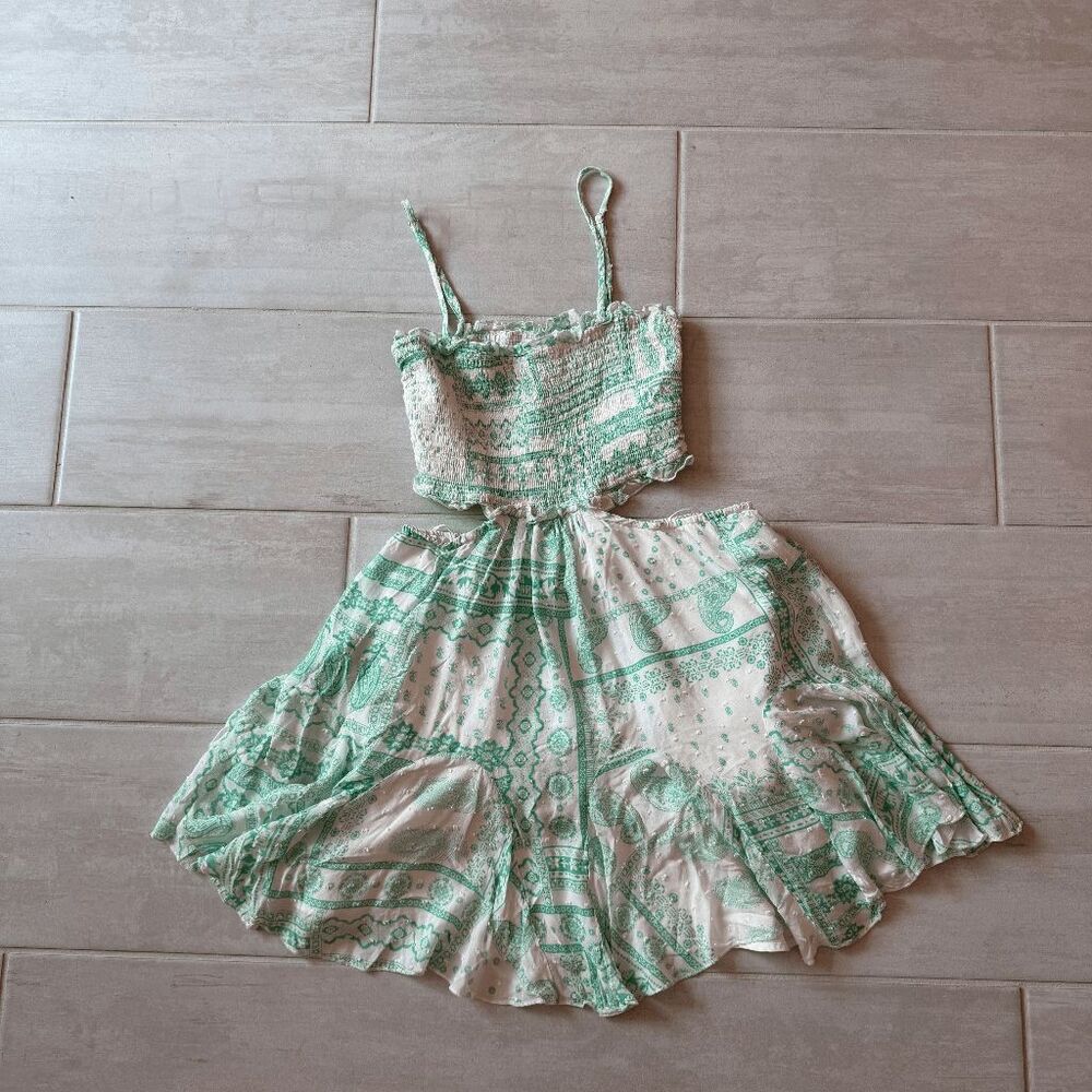 Sky to Moon Dress Fit & Flare Open on Sides Smocked White Teal M Boho Vacation